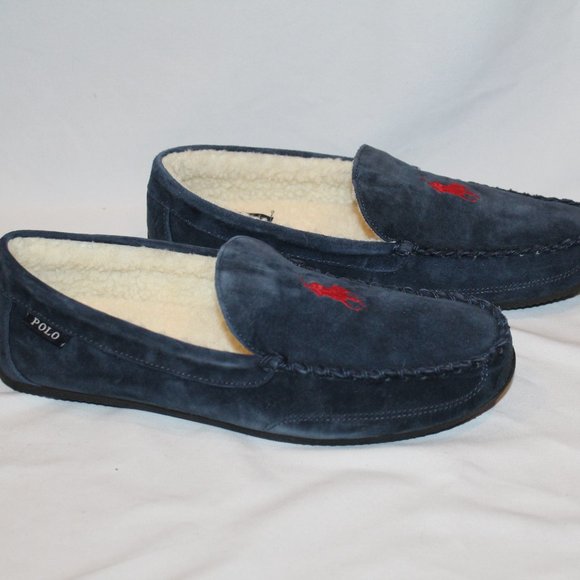 NIB POLO RALPH LAUREN MEN\'S SUEDE COMFORT SLIPPERS NAVY BLUE‎ RED